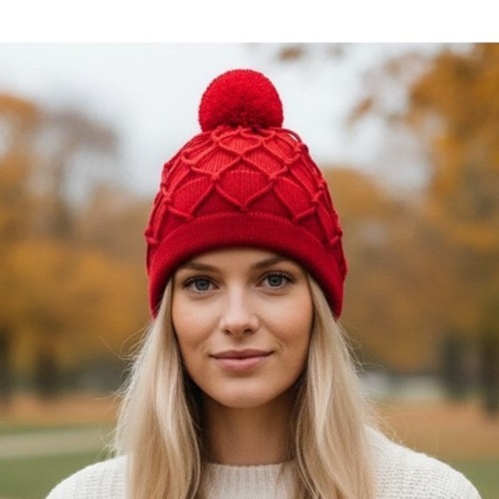 Sandriver Red 100% Mongolian Cashmere Net Overlay‎ Pom Pom Beanie Hat gorpcore